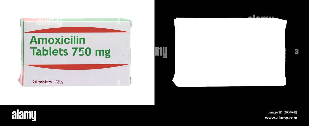 Generic box of amoxicillin 750 mg, used to treat certain infections caused by bacteria. Amoxicillin is a penicillin-like antibiotics. Isolated on whit Stock Photo