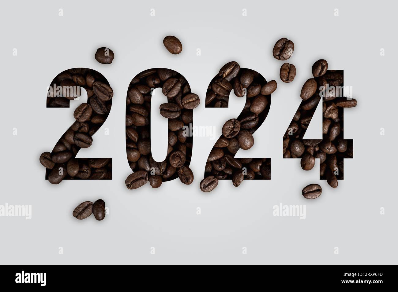 Coffee lovers Happy New Year 2024. white - grey with coffee beans cut