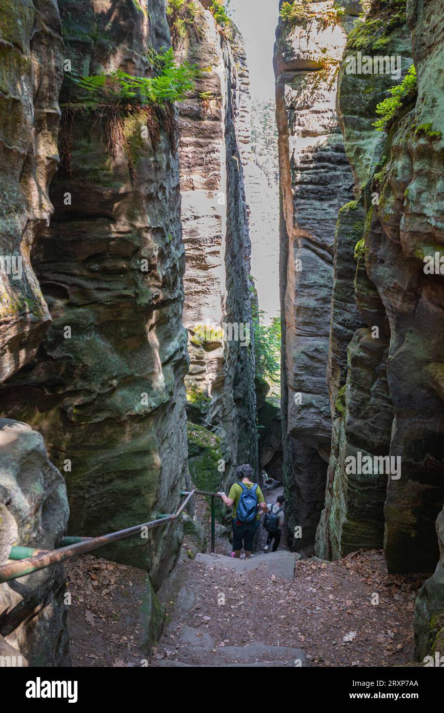 Hikers in a deep gorge Stock Photo
