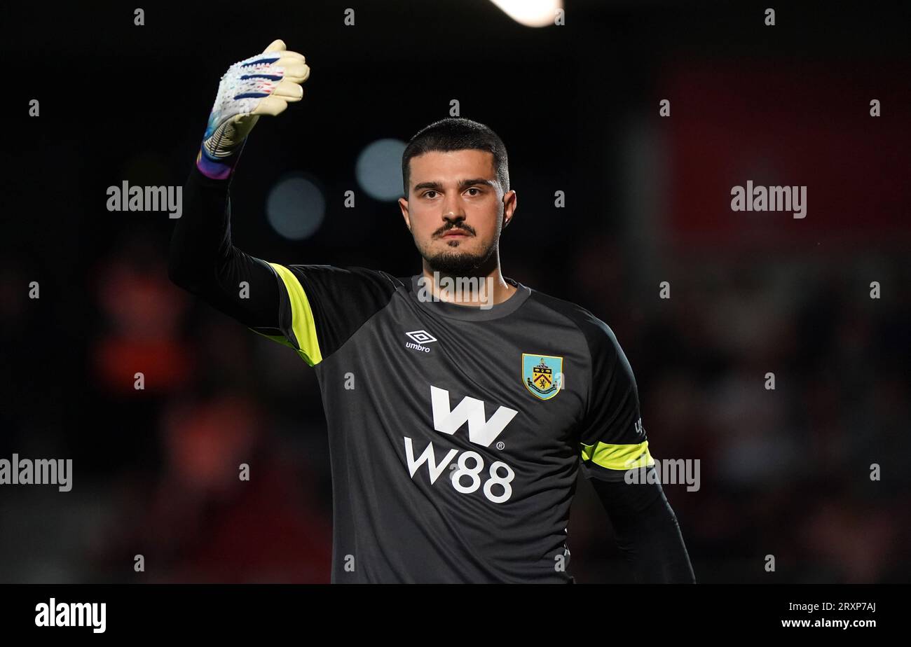 Burnley goalkeeper Arijanet Muric during the Carabao Cup third round match at the Peninsula Stadium, Salford, Greater Manchester. Picture date: Tuesday September 26, 2023. Stock Photo