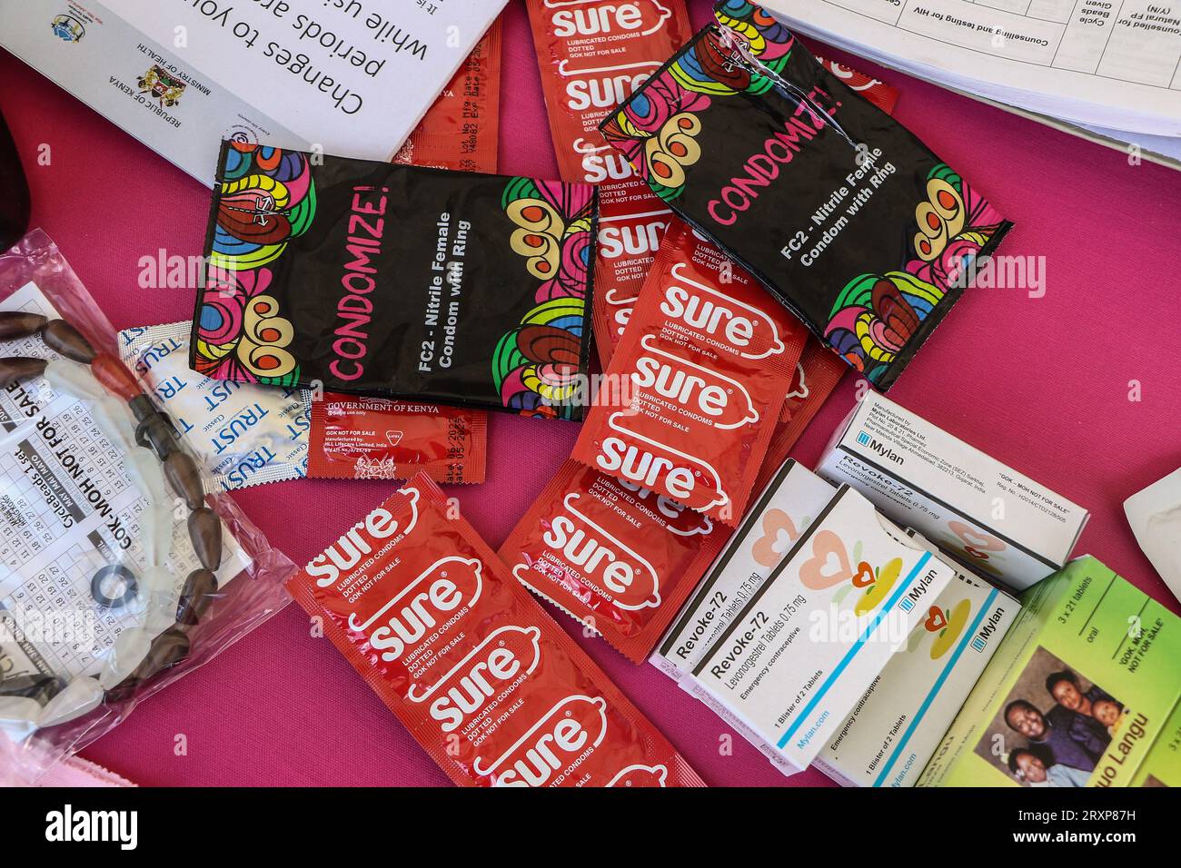Nakuru, Kenya. 26th Sep, 2023. A variety of contraceptives on display during the national celebrations of The World Contraception Day. According to data from Kenya Demographic and Health Survey (KDHS) Kenya has made significant progress in promoting access to family planning and increasing modern contraceptive prevalence rate from 53% in 2014 to 57% in 2022, with unmet need for family planning reducing slightly from 18% to 14% while teenage pregnancy has fallen from 18% to 15%. (Photo by James Wakibia/SOPA Images/Sipa USA) Credit: Sipa USA/Alamy Live News Stock Photo