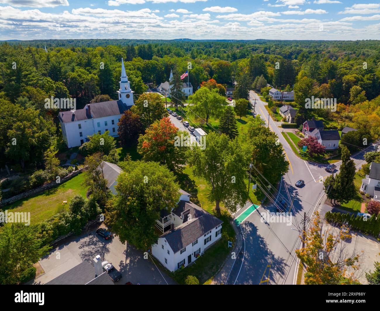 Carlisle historic town center aerial view including First Religious Society church at 27 School