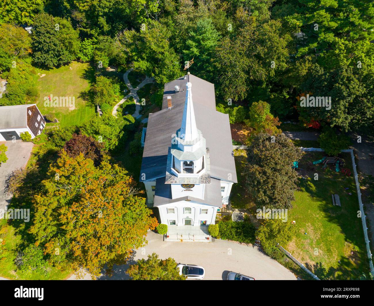 First Religious Society church aerial view at 27 School Street at Town Common in historic town center of Carlisle, Massachusetts MA, USA. Stock Photo