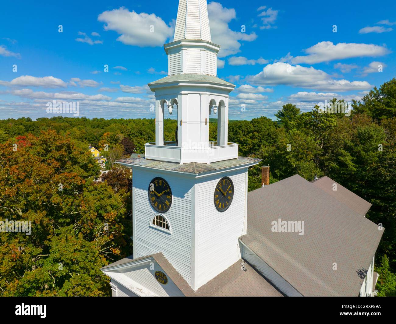First Religious Society church aerial view at 27 School Street at Town Common in historic town center of Carlisle, Massachusetts MA, USA. Stock Photo