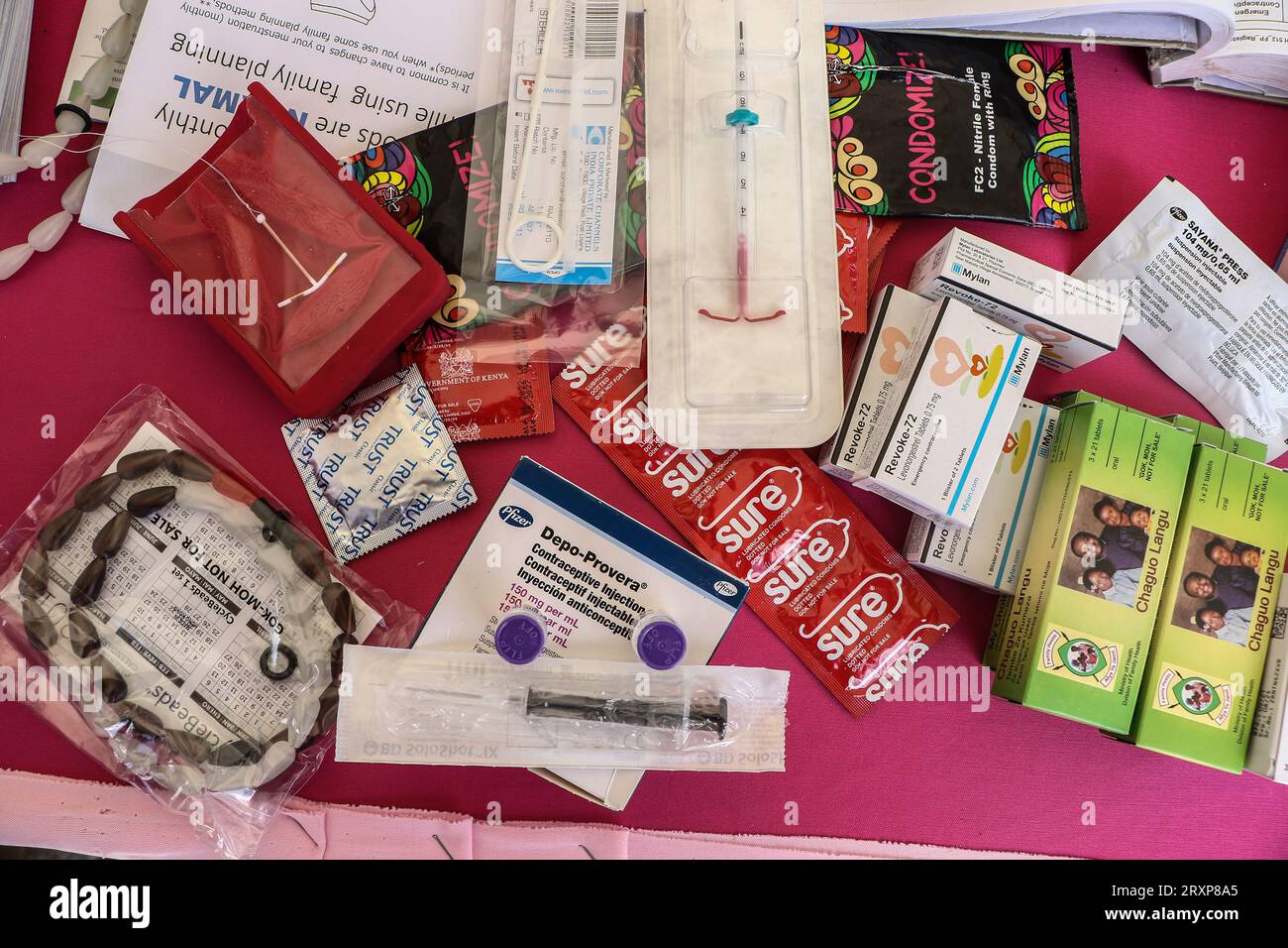 Nakuru, Kenya. 26th Sep, 2023. A variety of contraceptives on display