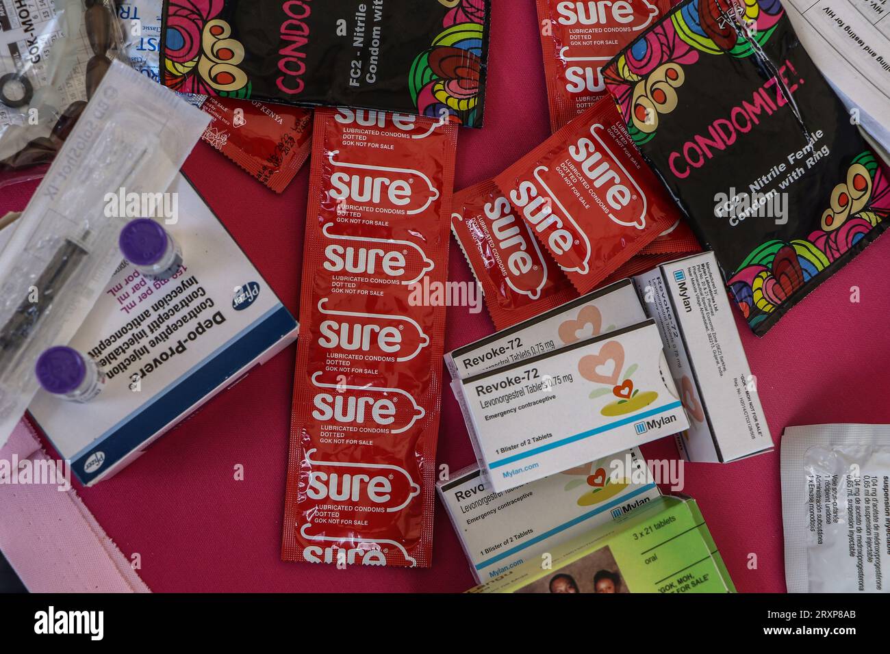 Nakuru, Kenya. 26th Sep, 2023. A variety of contraceptives on display during the national celebrations of The World Contraception Day. According to data from Kenya Demographic and Health Survey (KDHS) Kenya has made significant progress in promoting access to family planning and increasing modern contraceptive prevalence rate from 53% in 2014 to 57% in 2022, with unmet need for family planning reducing slightly from 18% to 14% while teenage pregnancy has fallen from 18% to 15%. (Photo by James Wakibia/SOPA Images/Sipa USA) Credit: Sipa USA/Alamy Live News Stock Photo