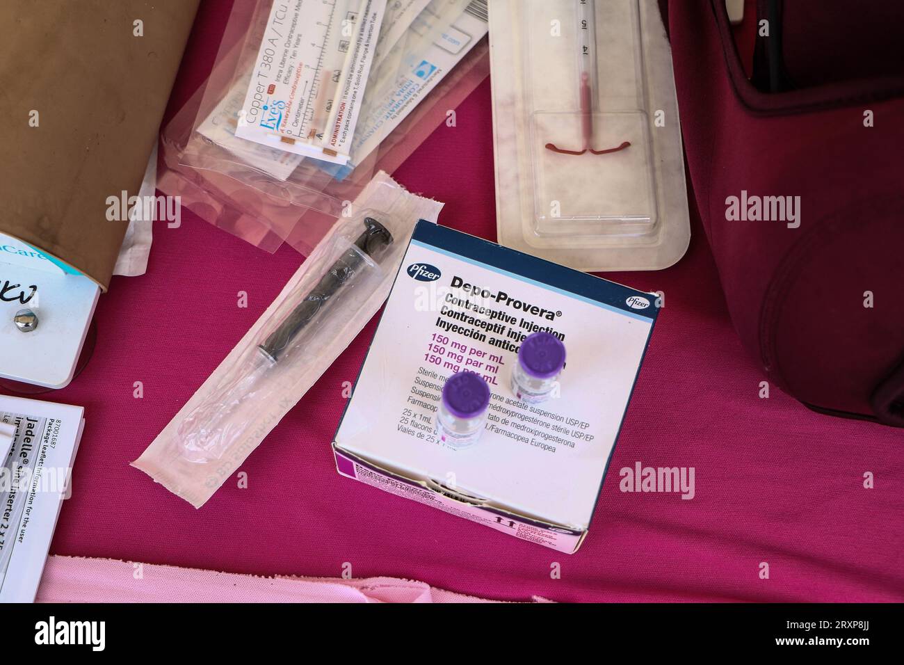 Nakuru, Kenya. 26th Sep, 2023. Pfizer contraceptive, Depo Provera, is displayed during the national celebrations of The World Contraception Day. According to data from Kenya Demographic and Health Survey (KDHS) Kenya has made significant progress in promoting access to family planning and increasing modern contraceptive prevalence rate from 53% in 2014 to 57% in 2022, with unmet need for family planning reducing slightly from 18% to 14% while teenage pregnancy has fallen from 18% to 15%. (Photo by James Wakibia/SOPA Images/Sipa USA) Credit: Sipa USA/Alamy Live News Stock Photo
