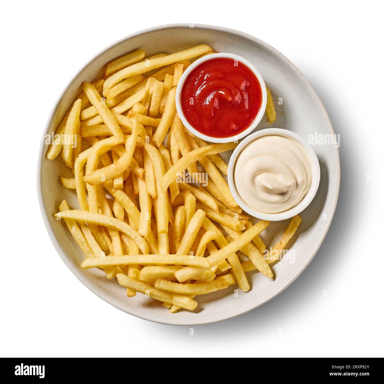plate of french fries with ketchup and mayonnaise isolated on white