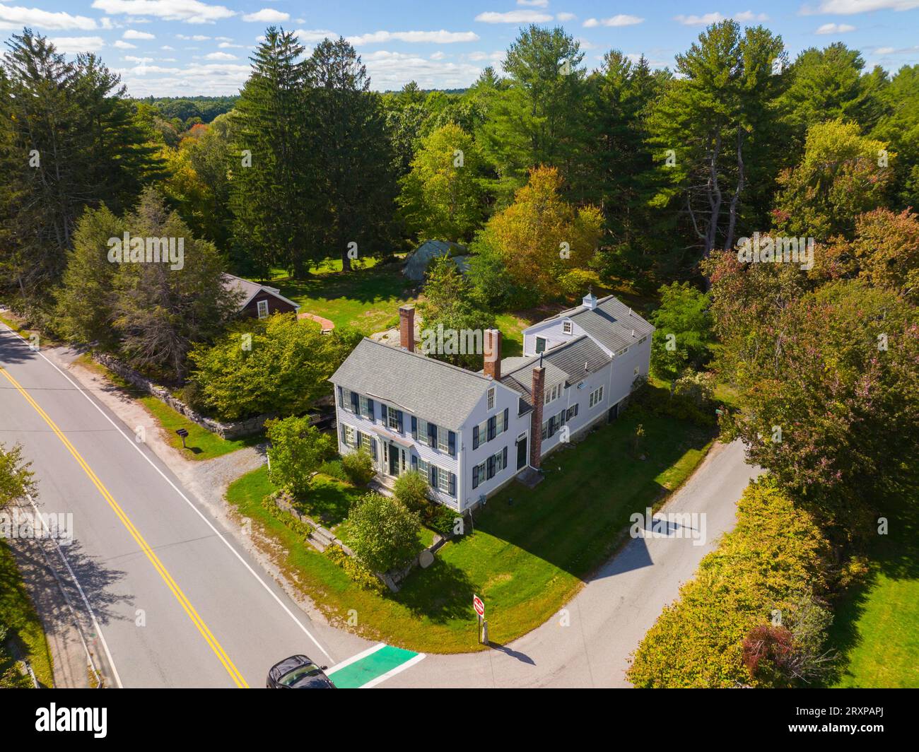 Historic colonial style building aerial view at 46 Concord Street at Carlisle historic town center near Town Common, Carlisle, Massachusetts MA, USA. Stock Photo