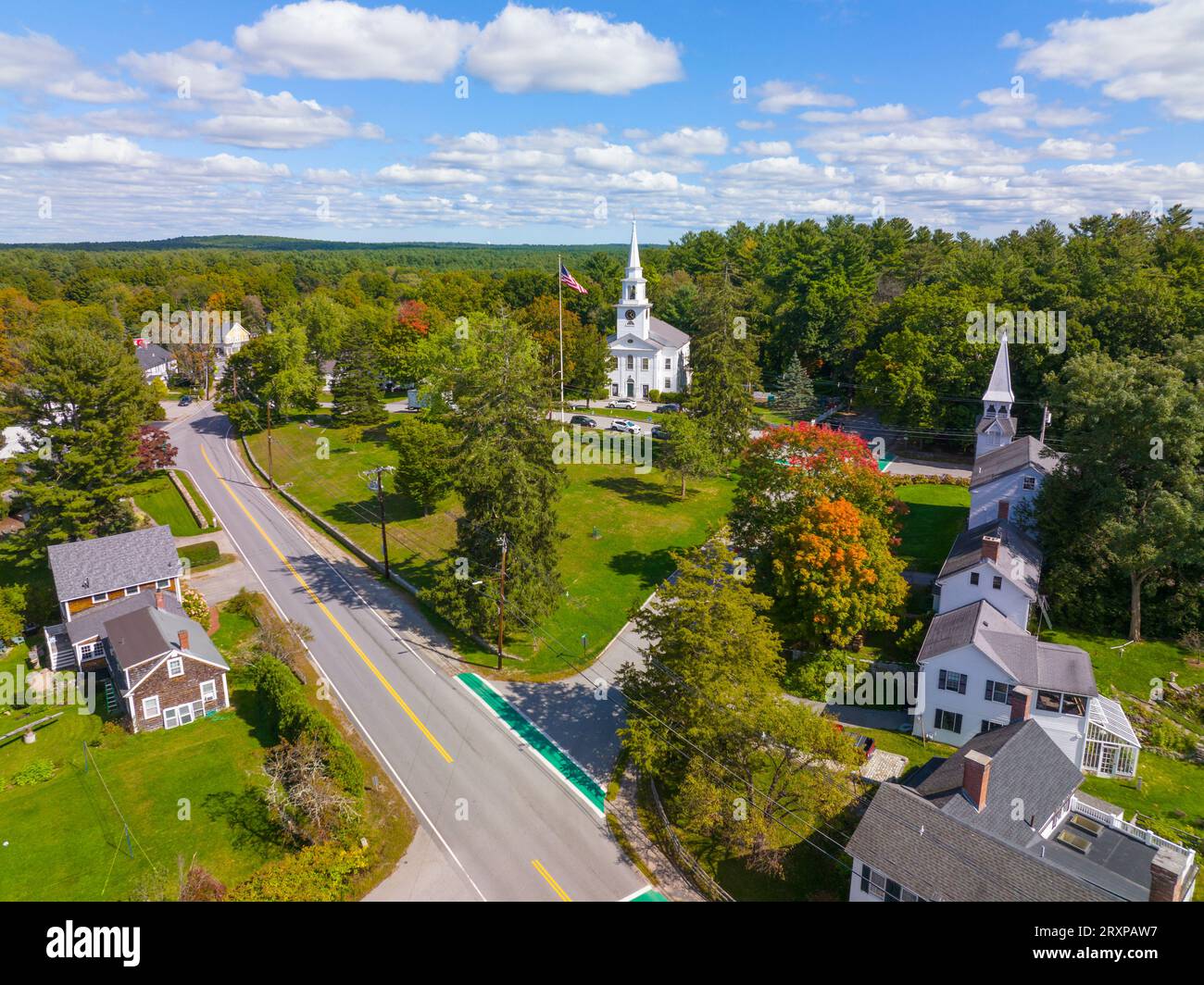 Carlisle historic town center aerial view including First Religious Society church at 27 School Street and Town Common in historic town center of Carl Stock Photo