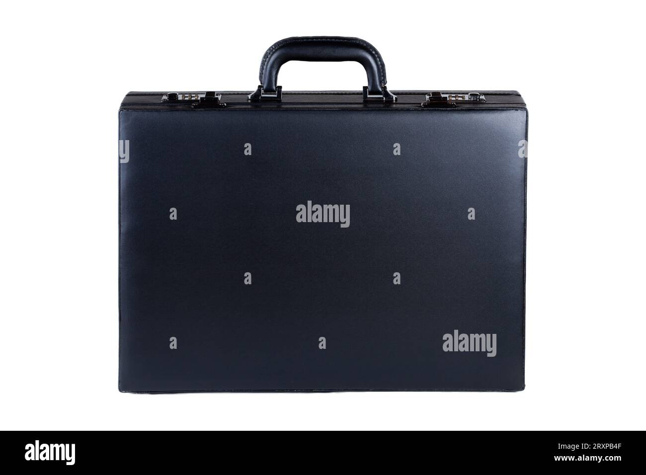 Classic big black premium quality business briefcase with with a handle, side view, object isolated on white background, cut out, nobody, asset design Stock Photo