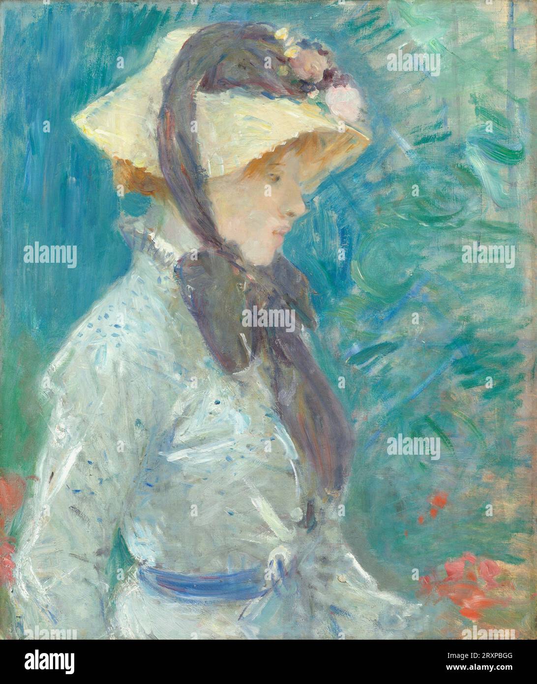 Title: Young Woman with a Straw Hat Creator: Berthe Morisot Year: 1884 Dimensions: 55.5 x 46.7 cm Average: Oil on canvas Location: National Gallery of Art, Washington, D.C. Content: This artwork portrays a young woman in a straw hat, evoking a sense of leisure and elegance. Morisot's skillful use of color and light exemplifies the Impressionist style, with the subject captured in a candid, unposed moment. The painting beautifully captures the essence of a warm, sunny day, and the subject's relaxed posture exudes a sense of serenity. Stock Photo