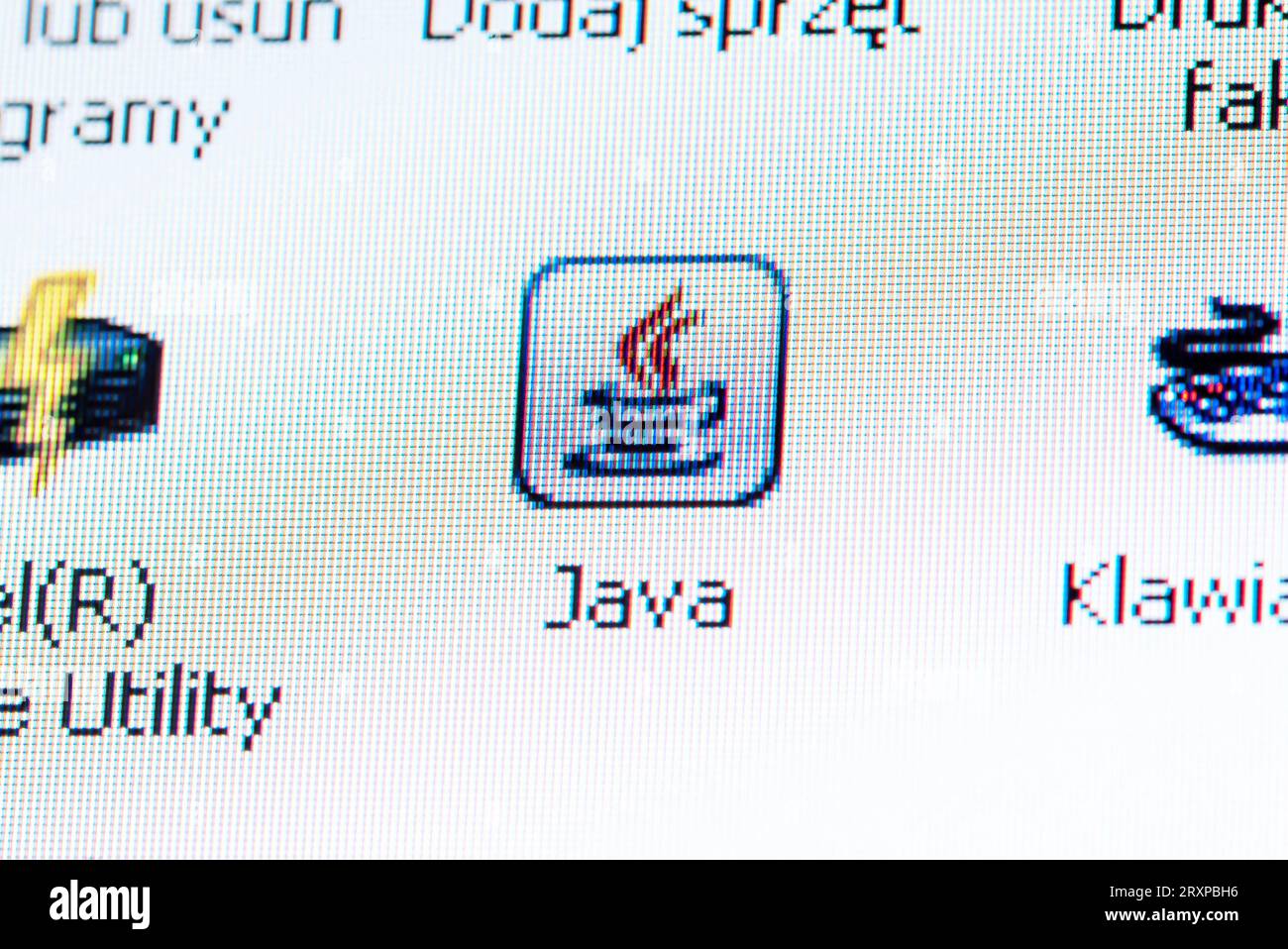 Java logo icon and programming language simple concept, nobody. Java software app development, company symbol, laptop computer monitor display closeup Stock Photo
