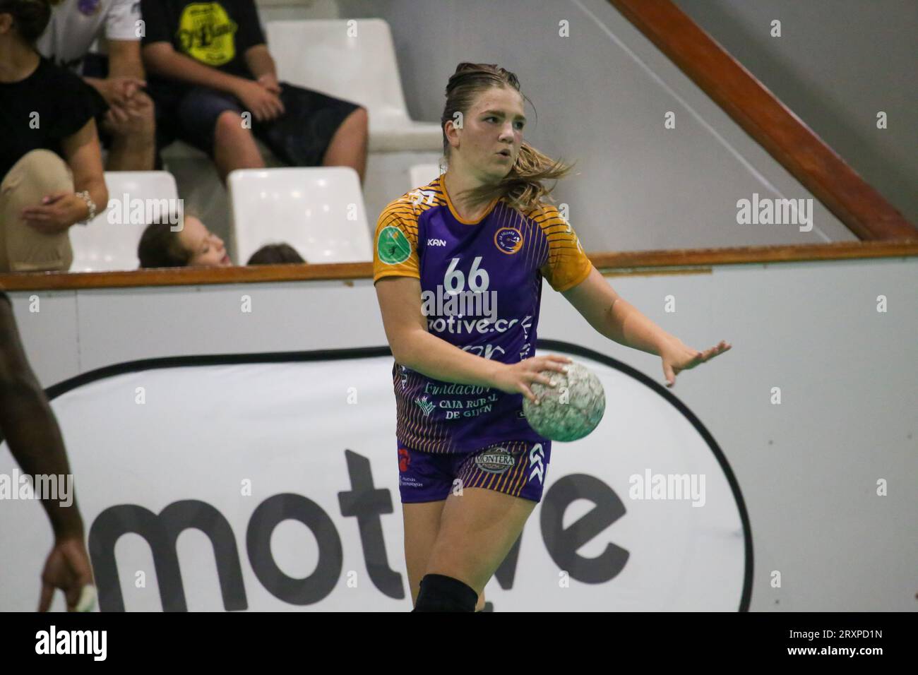 Gijon, Spain, 26th September, 2023: The player of Motive.co Gijon Balonmano La Calzada, Dorottya Margit Zentai (66) with the ball during the 8th Matchday of the Liga Guerreras Iberdrola 2023-24 between Motive.co Gijon Balonmano La Calzada and the Super Amara Bera Bera, on September 26, 2023, at the La Arena Sports Pavilion, in Gijón, Spain. Credit: Alberto Brevers / Alamy Live News. Stock Photo