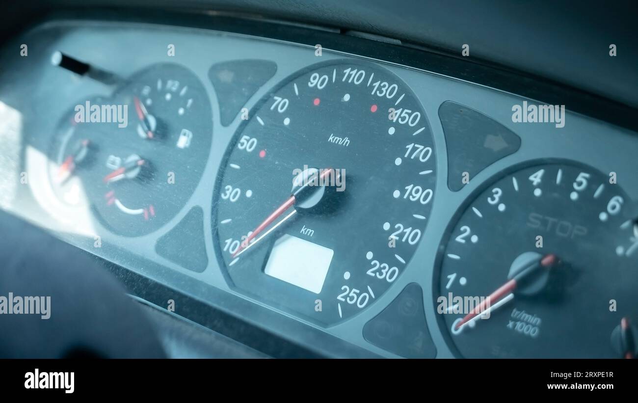 A simple dusty old speedometer in a generic motionless stopped car