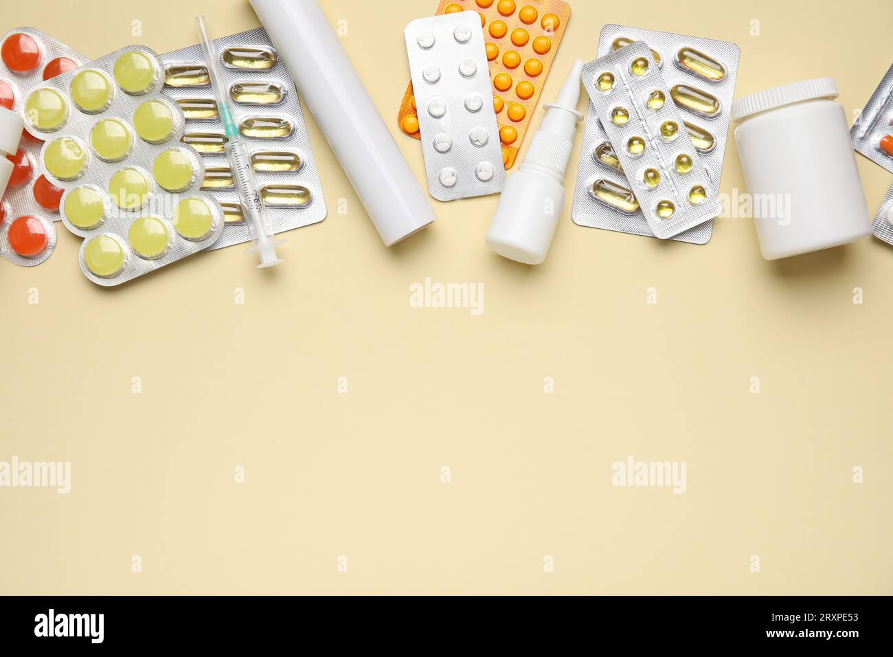 Photo inspiration: And Various Other Medicines Reference: Different Pills And Bottles Of Medicines On Yellow Background Stock