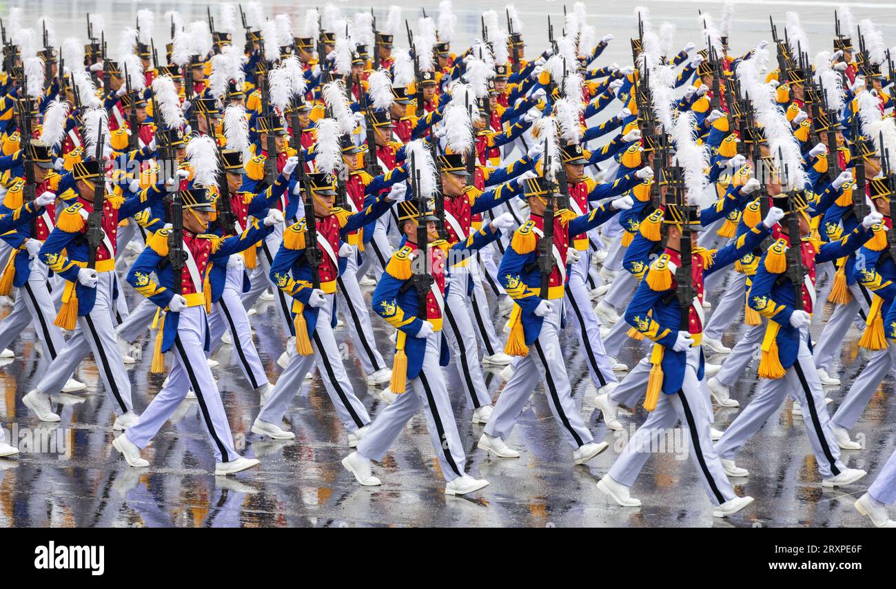 Seongnam, South Korea. 26th Sep, 2023. South Korean cadets march during a ceremony marking the 75th founding anniversary of the country's armed forces day at Seoul Air Base. South Korea's military showcased 'high-power' missiles and other key weapons systems on 26 September to mark the 75th founding anniversary of its armed forces in an apparent warning against North Korea's nuclear and military threats. (Photo by Kim Jae-Hwan/SOPA Images/Sipa USA) Credit: Sipa USA/Alamy Live News Stock Photo