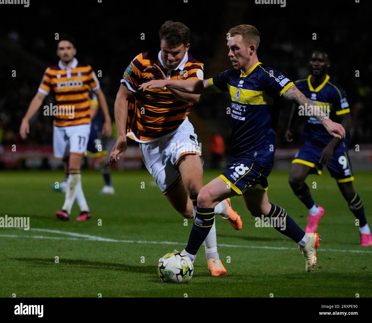 Lewis O'Brien 28 of Middlesbrough breaks past Matthew Platt 5 of