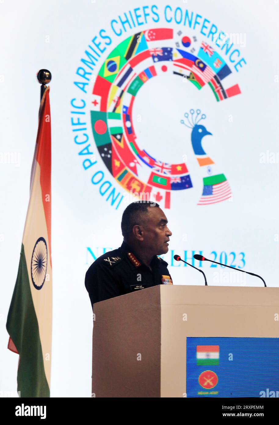 New Delhi, India. 26th Sep, 2023. Indian Chief of the Army Staff General Manoj Pande speaks during the opening ceremony of the joint press conference at the Manekshaw center in New Delhi. The armies of India and the United States seen on a Joint press conference on the 13th biannual Indo-Pacific Armies Chiefs Conference (IPACC)and the 47th Annual Indo-Pacific Army Management Seminar (IPAMS) and the 9th Senior Enlisted Forum (SELF), at the Manekshaw center. Credit: SOPA Images Limited/Alamy Live News Stock Photo