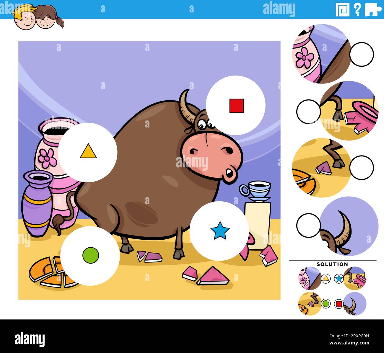 Cartoon illustration of educational match the pieces jigsaw puzzle game with bull in a china shop Stock Vector