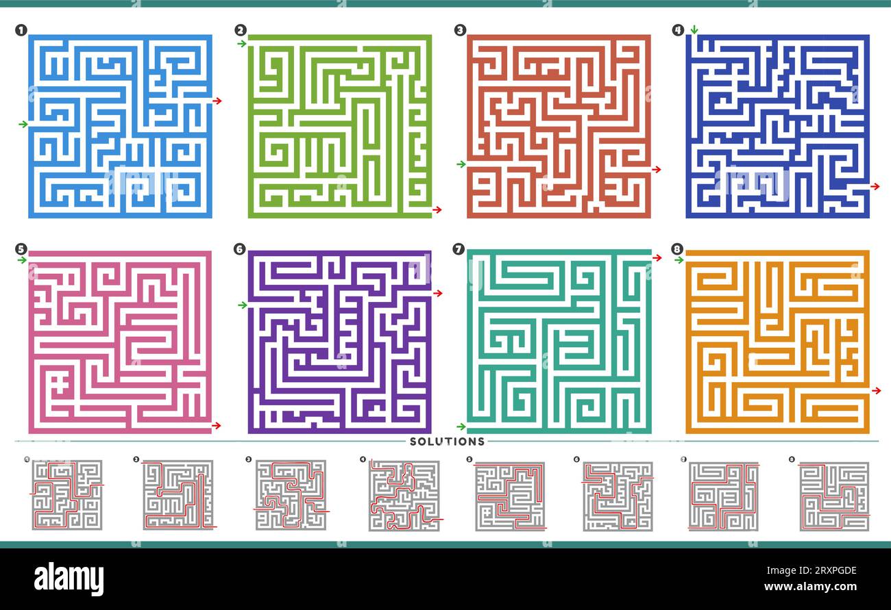Illustration of maze puzzle activities graphs set with solutions Stock