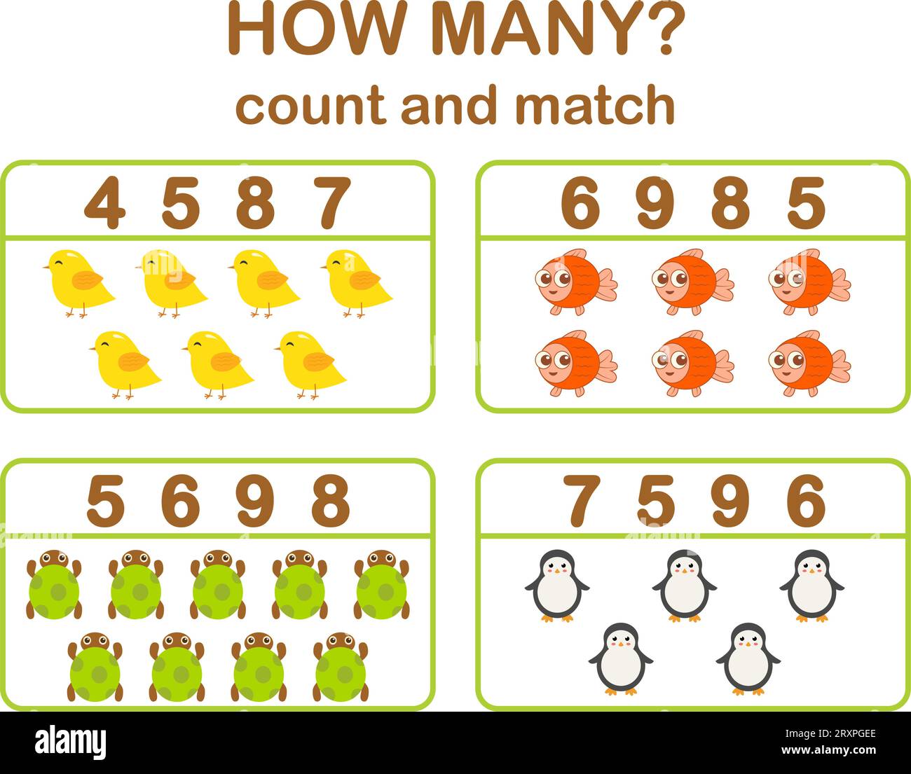 Math game for kids count and match printable worksheets stock vector