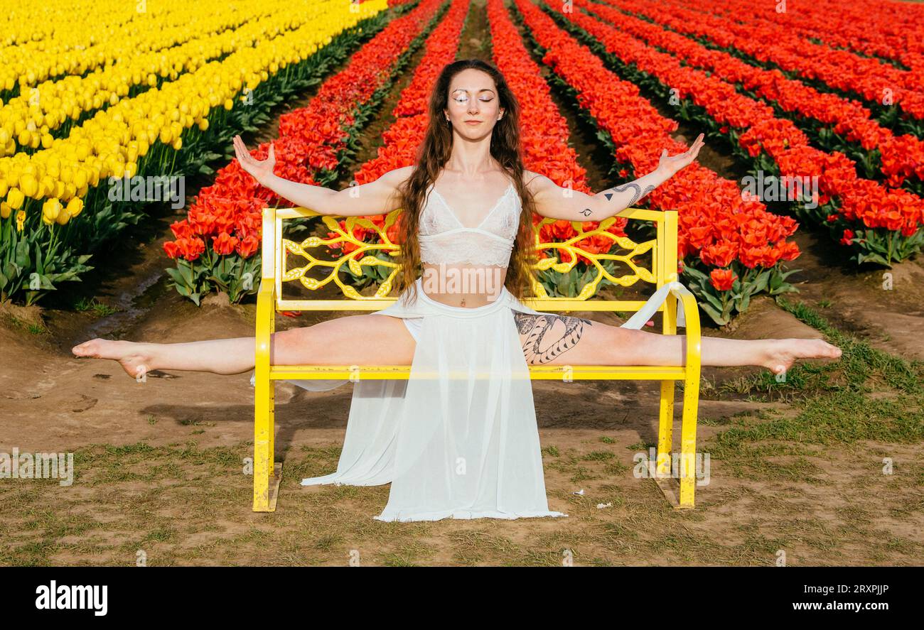 Long-haired brunette doing split on bench in front of tulip field Stock Photo