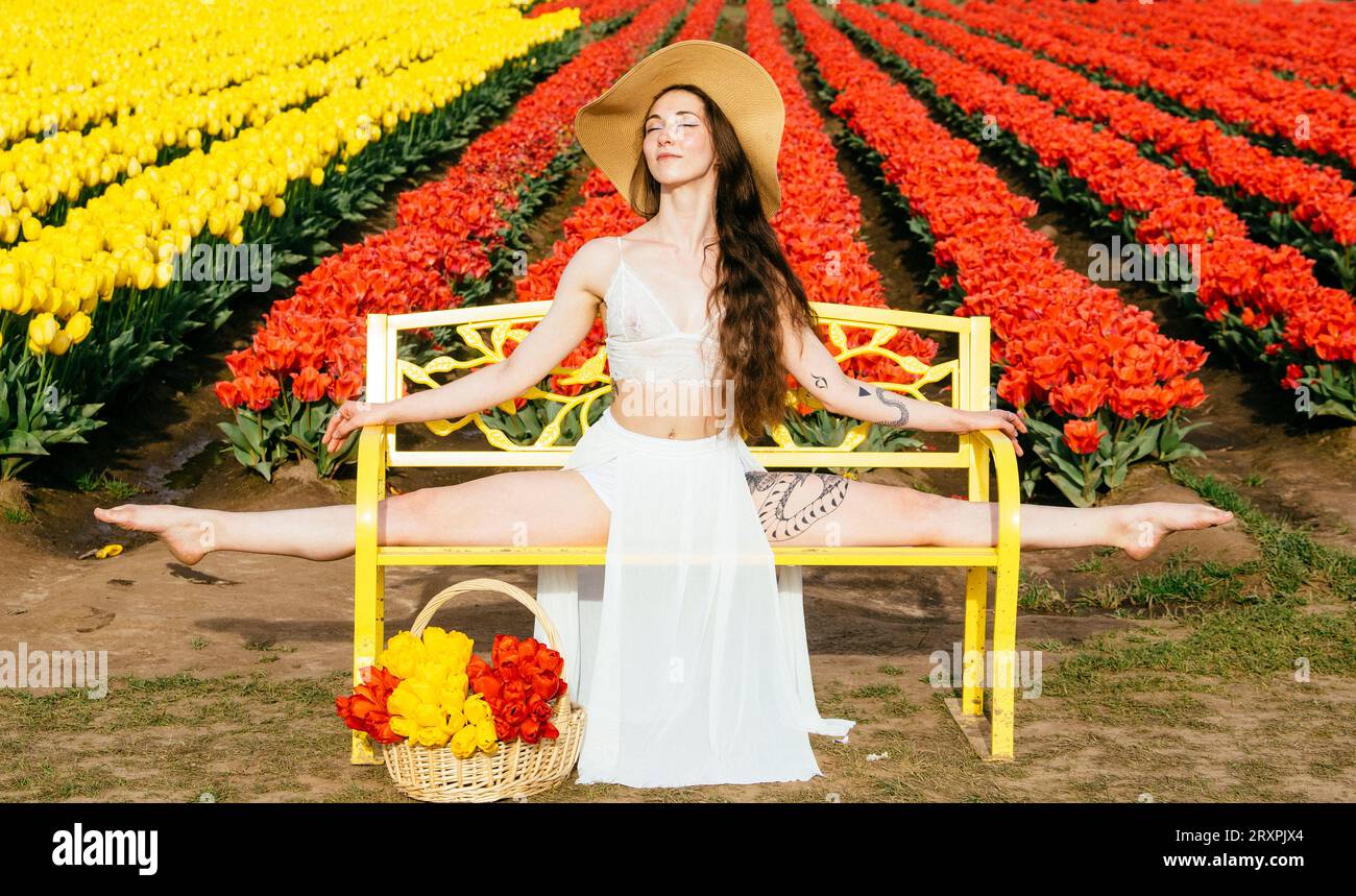 Long-haired brunette doing split on bench in front of tulip field Stock Photo