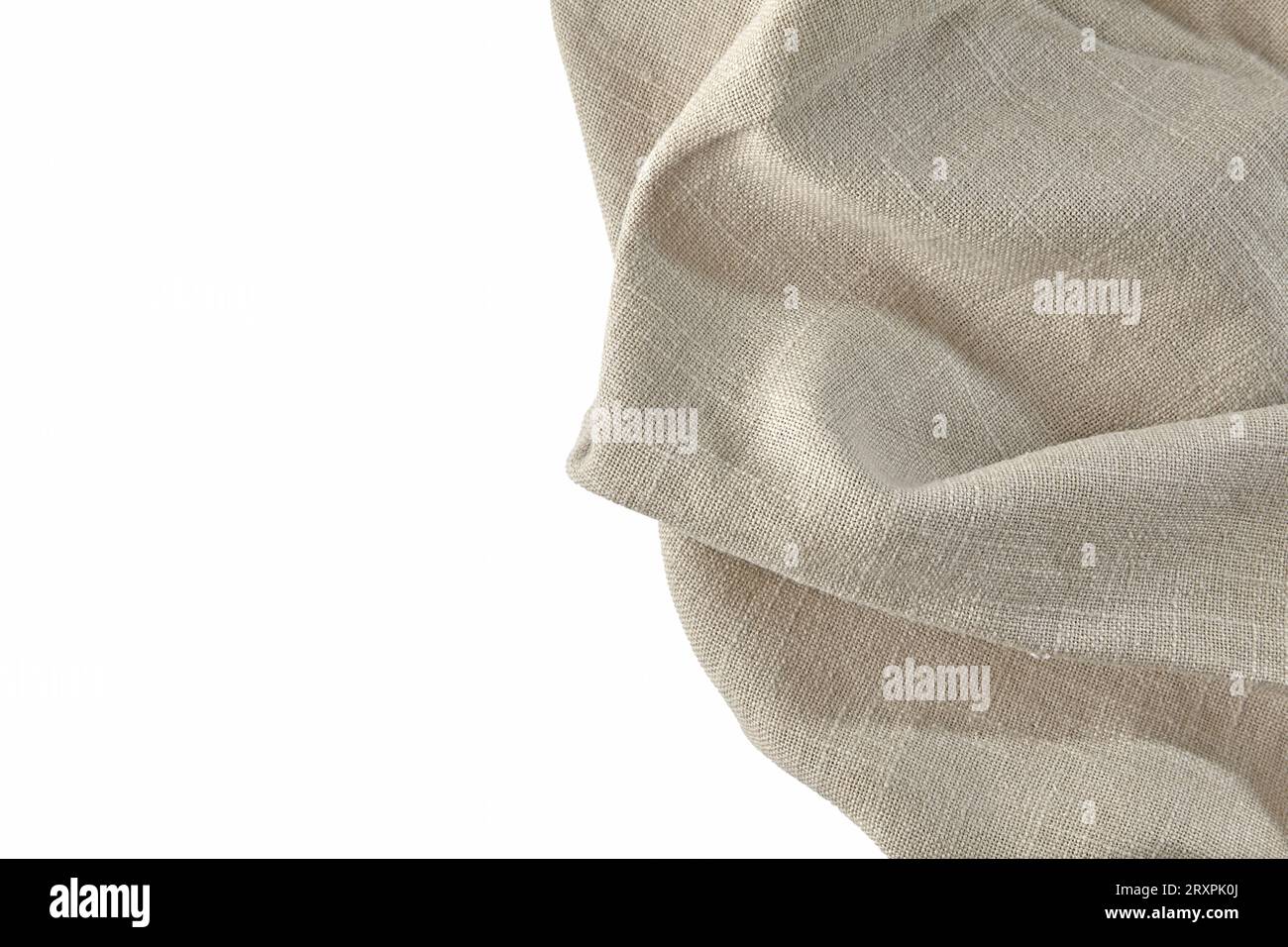 Beige rough linen kitchen towel tablecloth isolated on white background Stock Photo