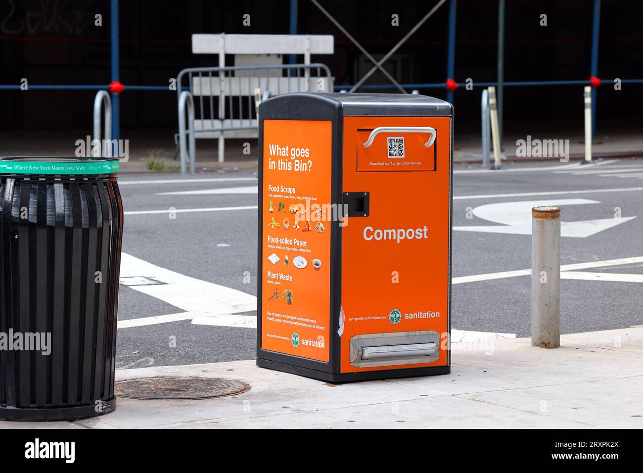 A NYC Smart Compost bin on a street in Upper Manhattan, New York City. These collection bins are unlocked via an app. Compost contents are liquified. Stock Photo