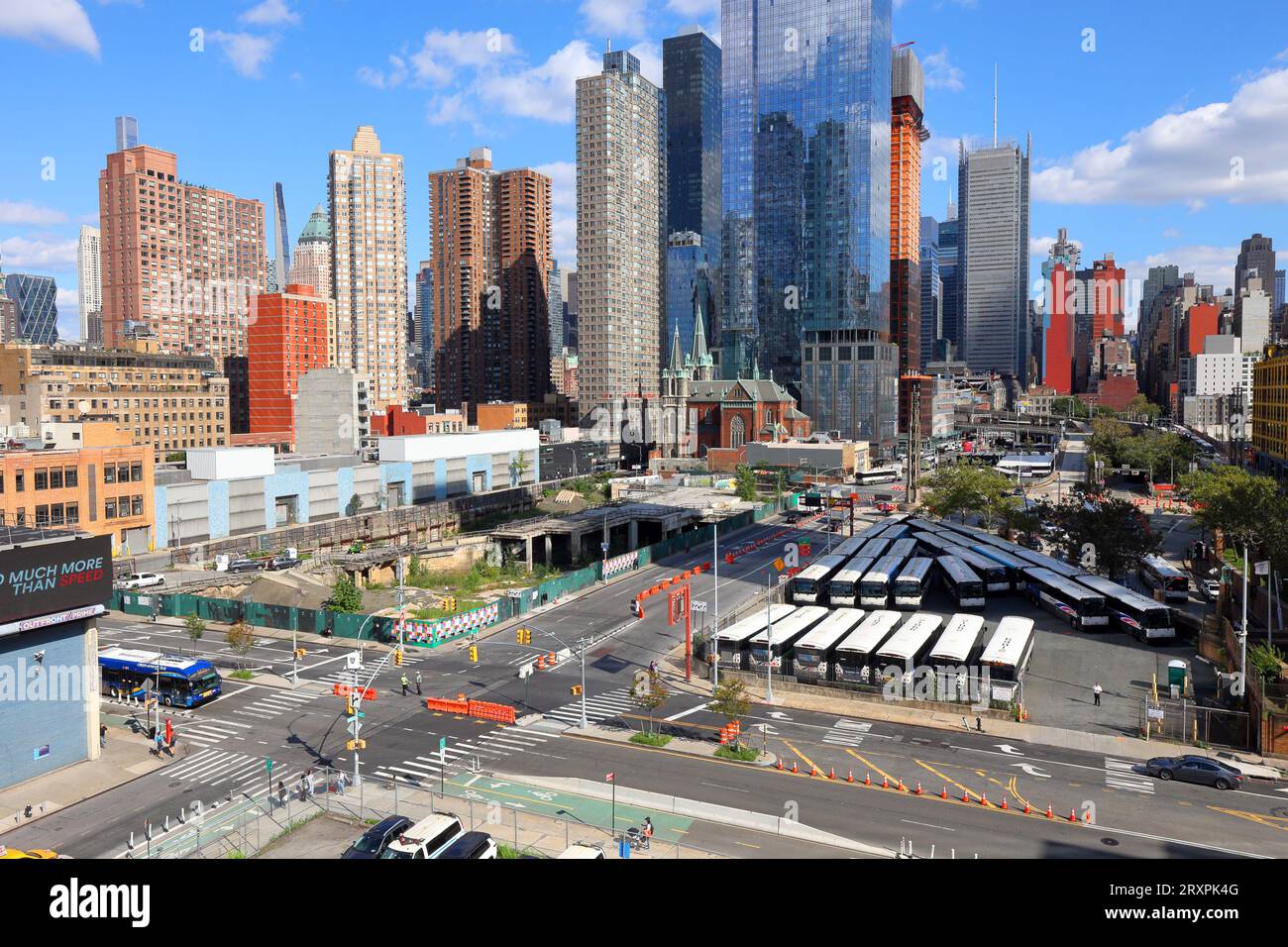 Area surrounding the Lincoln Tunnel in Hells Kitchen with Midtown Manhattan skyscrapers. 9th Ave, 10th ave, 40th st, 41th St, 11th Ave, New York City. Stock Photo