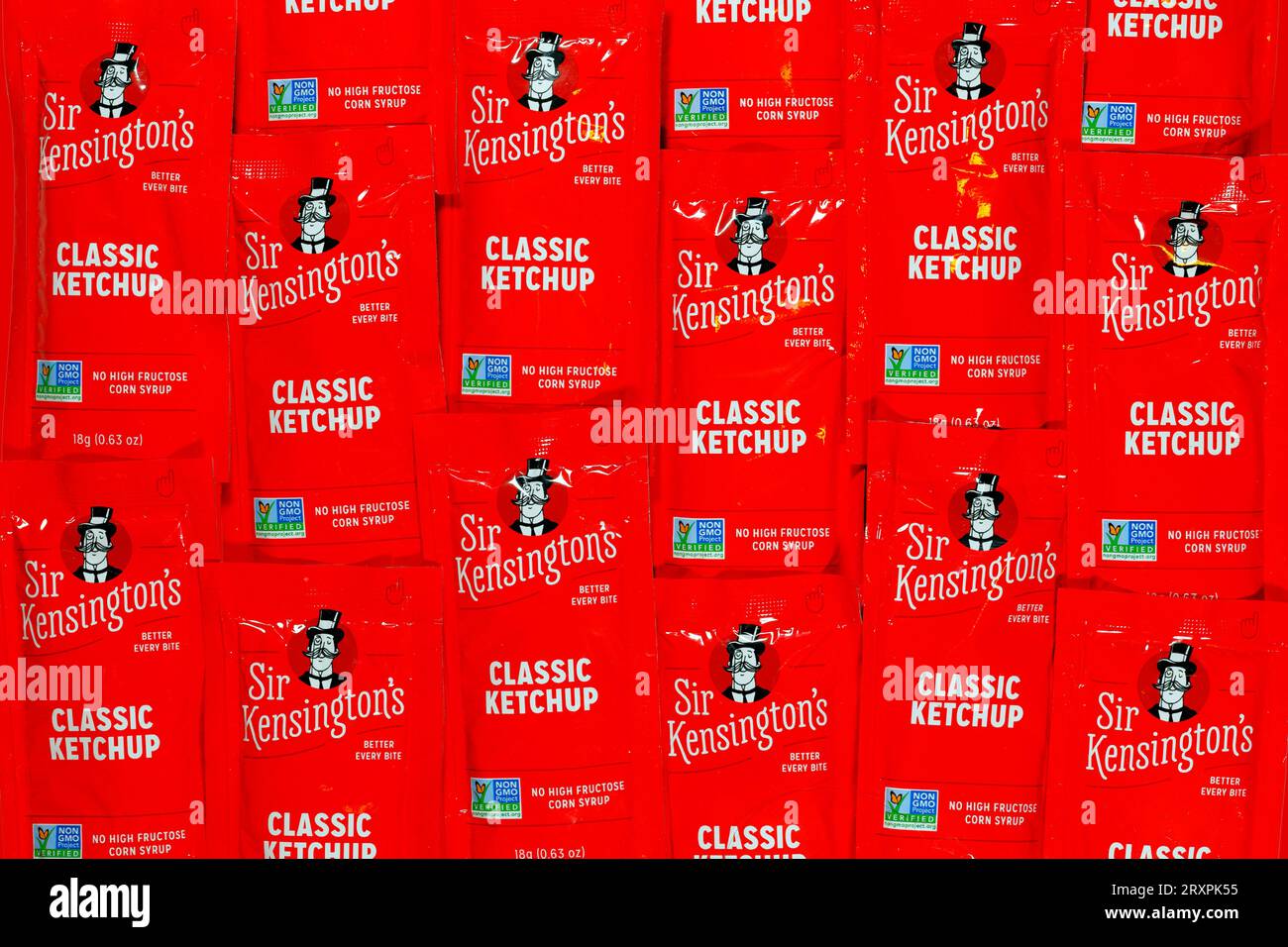 Packets of Sir Kensington's Classic Ketchup. semi stackable ketchup