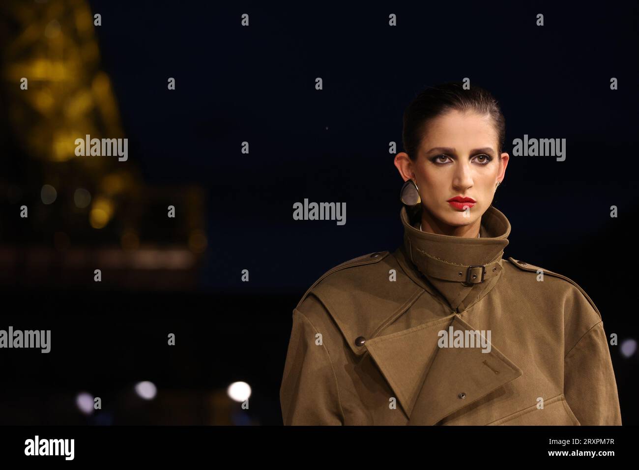 Paris, France. 26th Sep, 2023. A model takes to the catwalk during Saint Laurent's show as part of the Spring-Summer 2024 25 Fashion Week presentations in Paris on Tuesday, September 26, 2023. Photo by Maya Vidon-White/UPI Credit: UPI/Alamy Live News Stock Photo