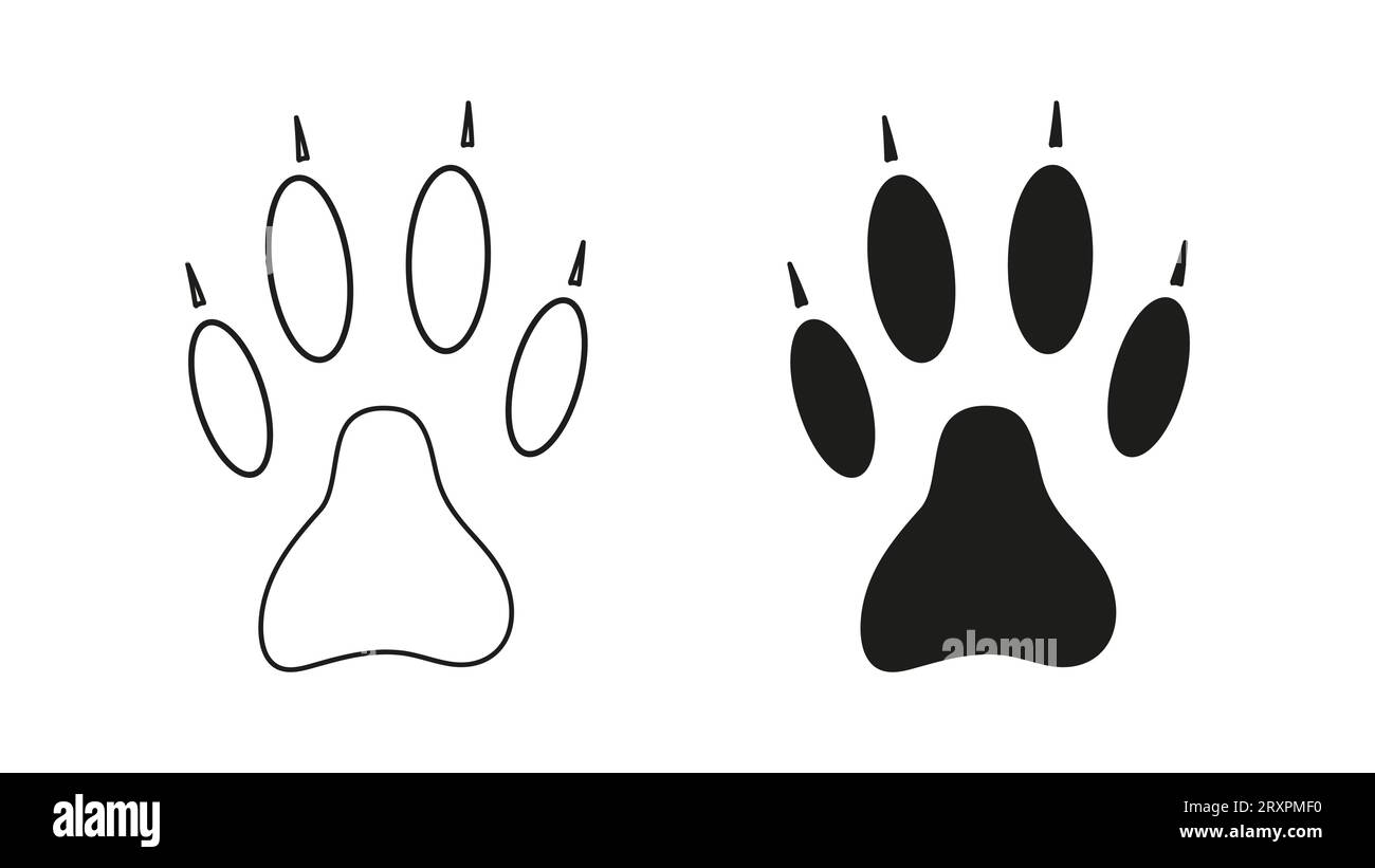 Dog, wolf, coyote or fox paw footprint with claws. Silhouette, contour. Icon. Black vector isolated on white. Paw print of a wild animal, jackal, bulldog, shepherd, bull terrier, retriever, rottweiler Stock Vector
