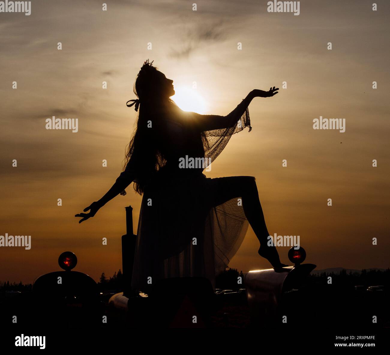 Silhouette of woman standing against setting sun with basket in hand ...