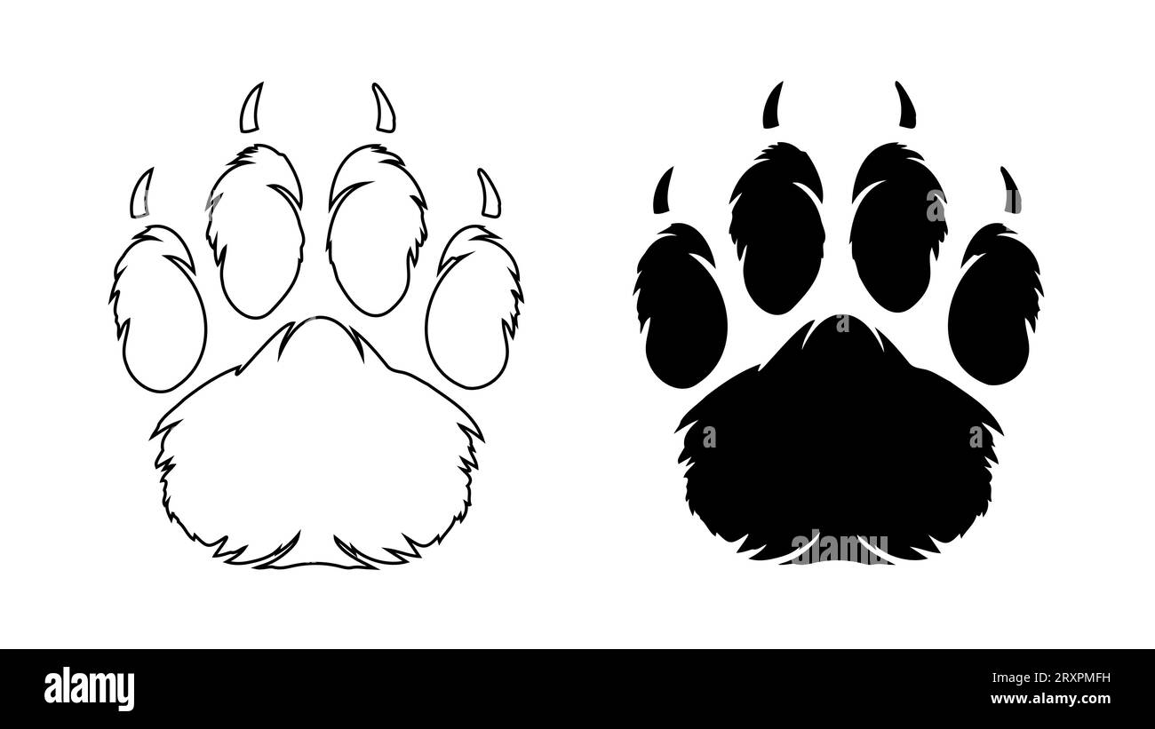 Furry paw footprint of shaggy Dog or puppy. Fur pet paw with claws. Silhouette, contour. Icon. Black vector isolated on white. Trail of Labrador, Shepherd, Retriever, Spitz, Chihuahua, Chow Chow Stock Vector