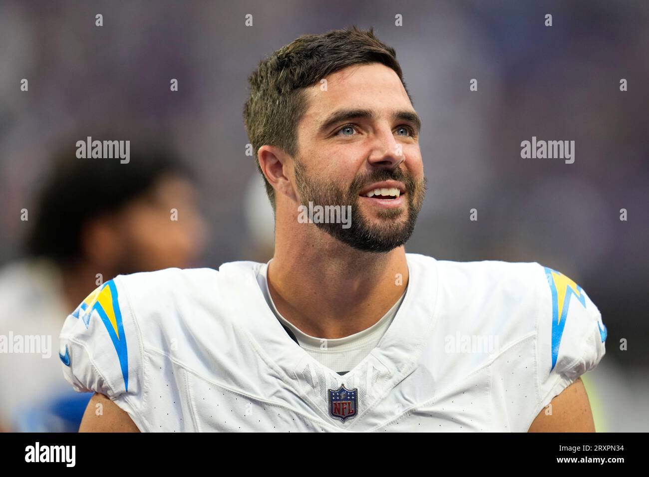 Los Angeles Chargers long snapper Josh Harris (47) walks off the field after the 28-24 win against the Minnesota Vikings of an NFL football game Sunday, Sept. 24, 2023, in Minneapolis. (AP Photo/Abbie Parr) Stock Photo