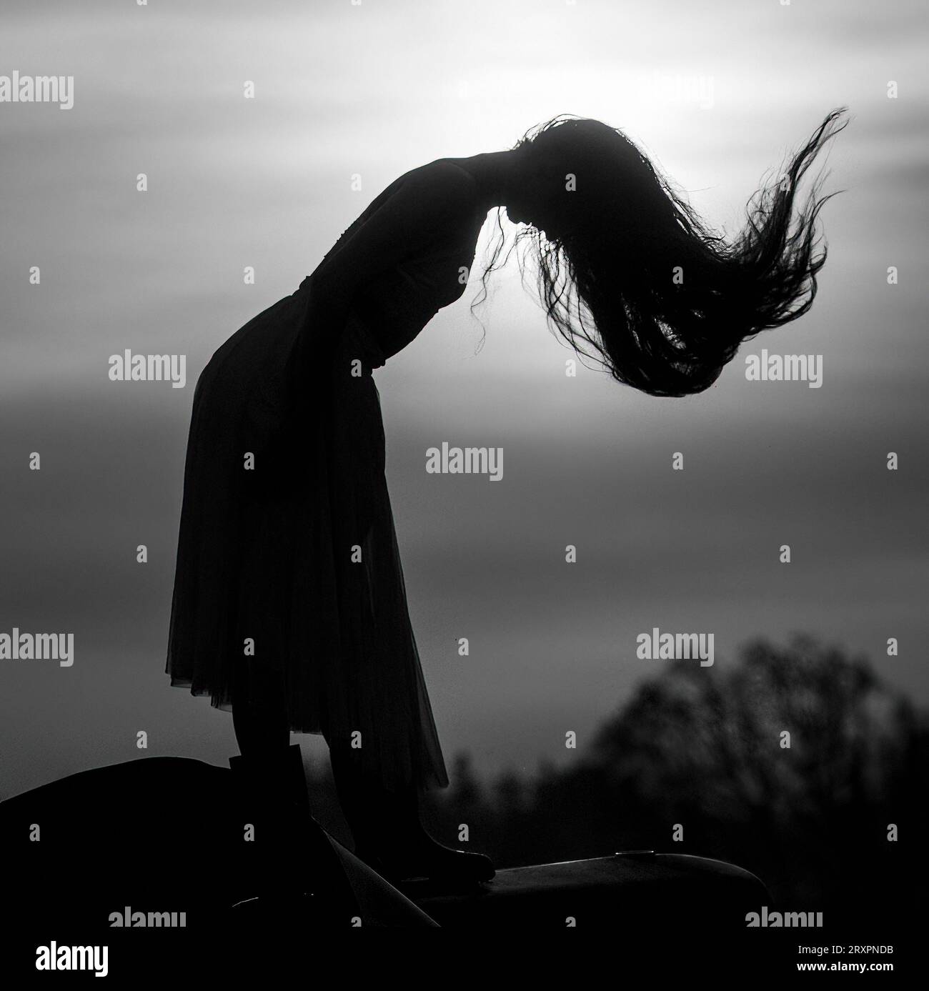 Silhouette of long-haired woman standing against setting sun Stock Photo