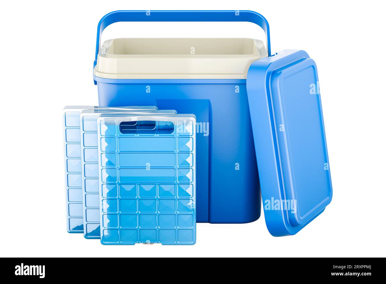 Portable Ice Cool Box with Freezer Blocks, Mini Cooler Portable with Freezer Blocks. 3D rendering isolated on white background Stock Photo