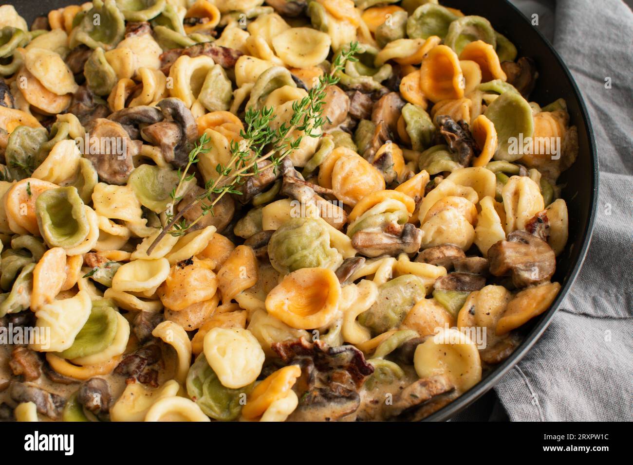 Orecchiette with Mushroom Thyme Sauce in a Skillet Pasta and mushrooms