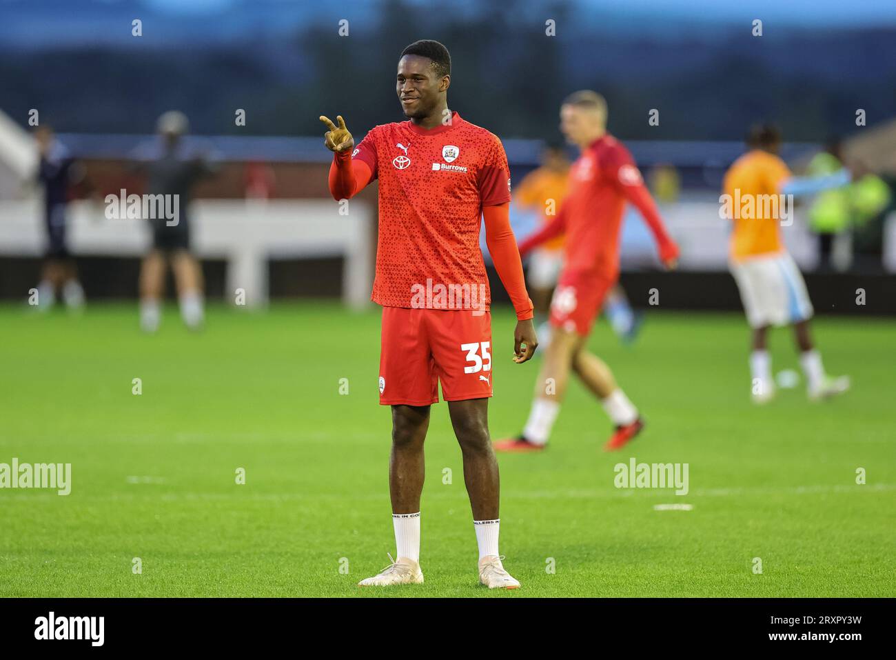 Barnsley, UK. 26th Sep, 2023. Josiah Dyer #35 of Barnsley in the pregame warmup session during the EFL Trophy match Barnsley vs Manchester City U21 at Oakwell, Barnsley, United Kingdom, 26th September 2023 (Photo by Mark Cosgrove/News Images) Credit: News Images LTD/Alamy Live News Stock Photo