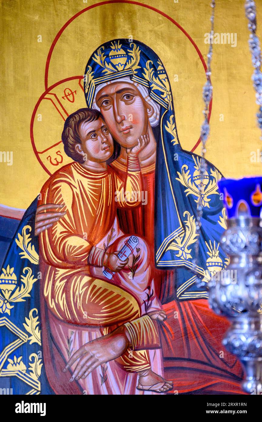 An Eleusa icon of the Blessed Mother of God with Infant Jesus. The Žitomislić Monastery, Bosnia and Herzegovina. Stock Photo