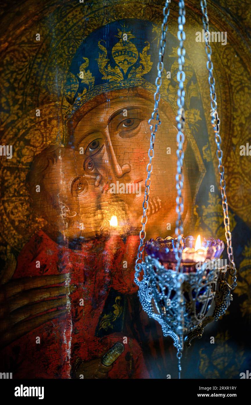 An Eleusa icon of the Blessed Mother of God with Infant Jesus. The Žitomislić Monastery, Bosnia and Herzegovina. Stock Photo