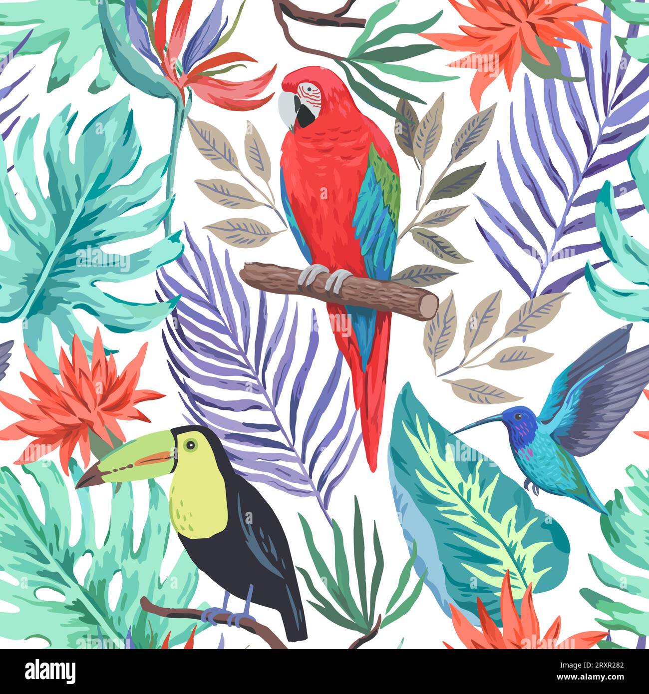 Colorful tropical seamless pattern with exotic birds and flowers. Vector illustration. Stock Vector