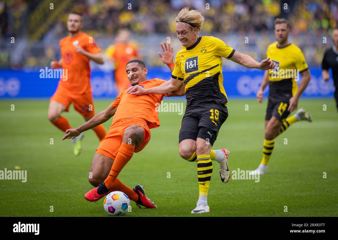 Dortmund, Germany. 23rd Sep 2023.  Julian Brandt (BVB), Maxence Lacroix (Wolfsburg) Borussia Dortmund  - VfL Wolfsburg 23.09.2023   Copyright (nur für Stock Photo