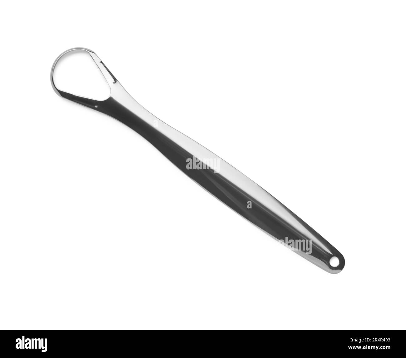 One tongue cleaner isolated on white, top view. Dental care Stock Photo