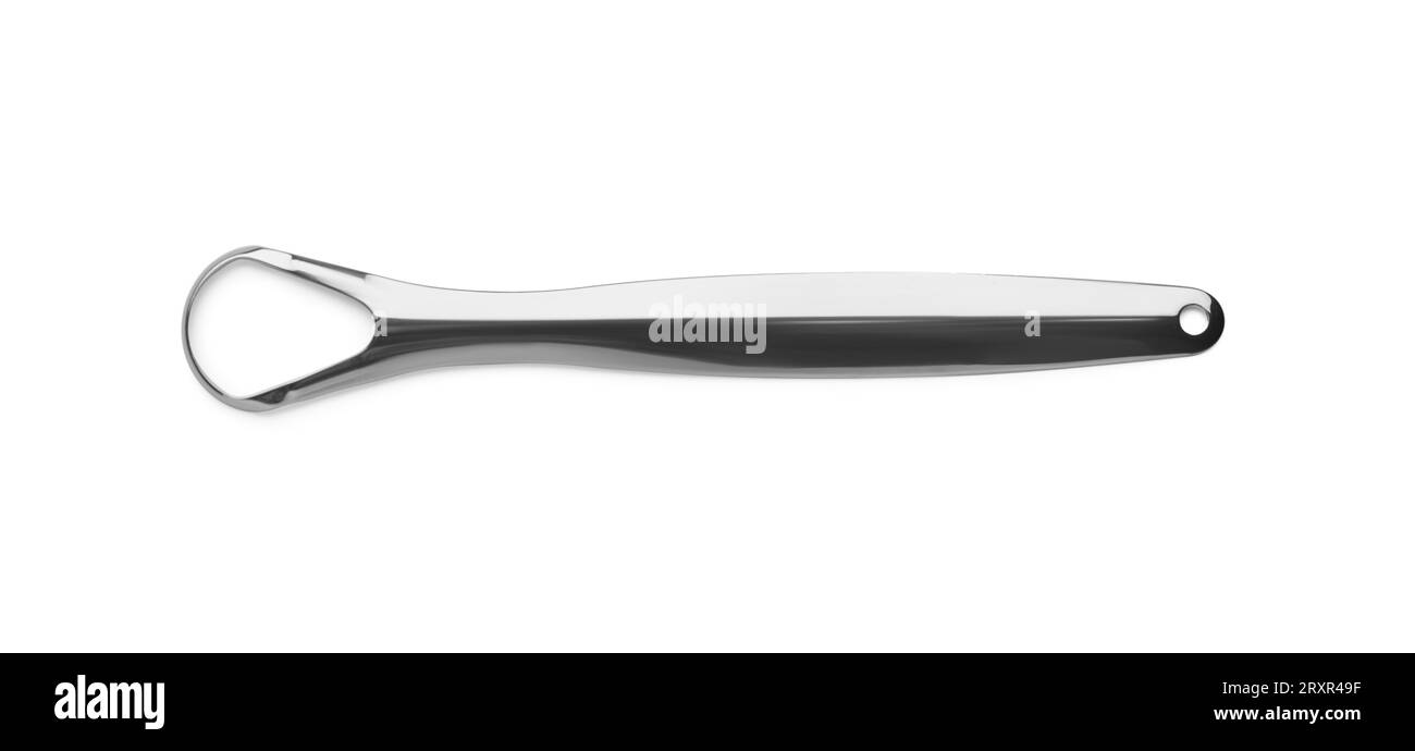 One tongue cleaner isolated on white, top view. Dental care Stock Photo