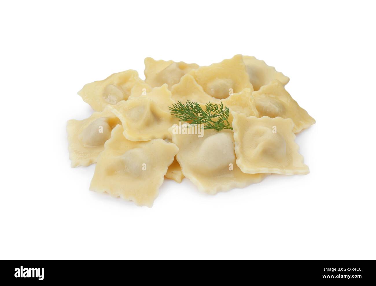 Delicious ravioli with tasty filling and dill isolated on white Stock ...