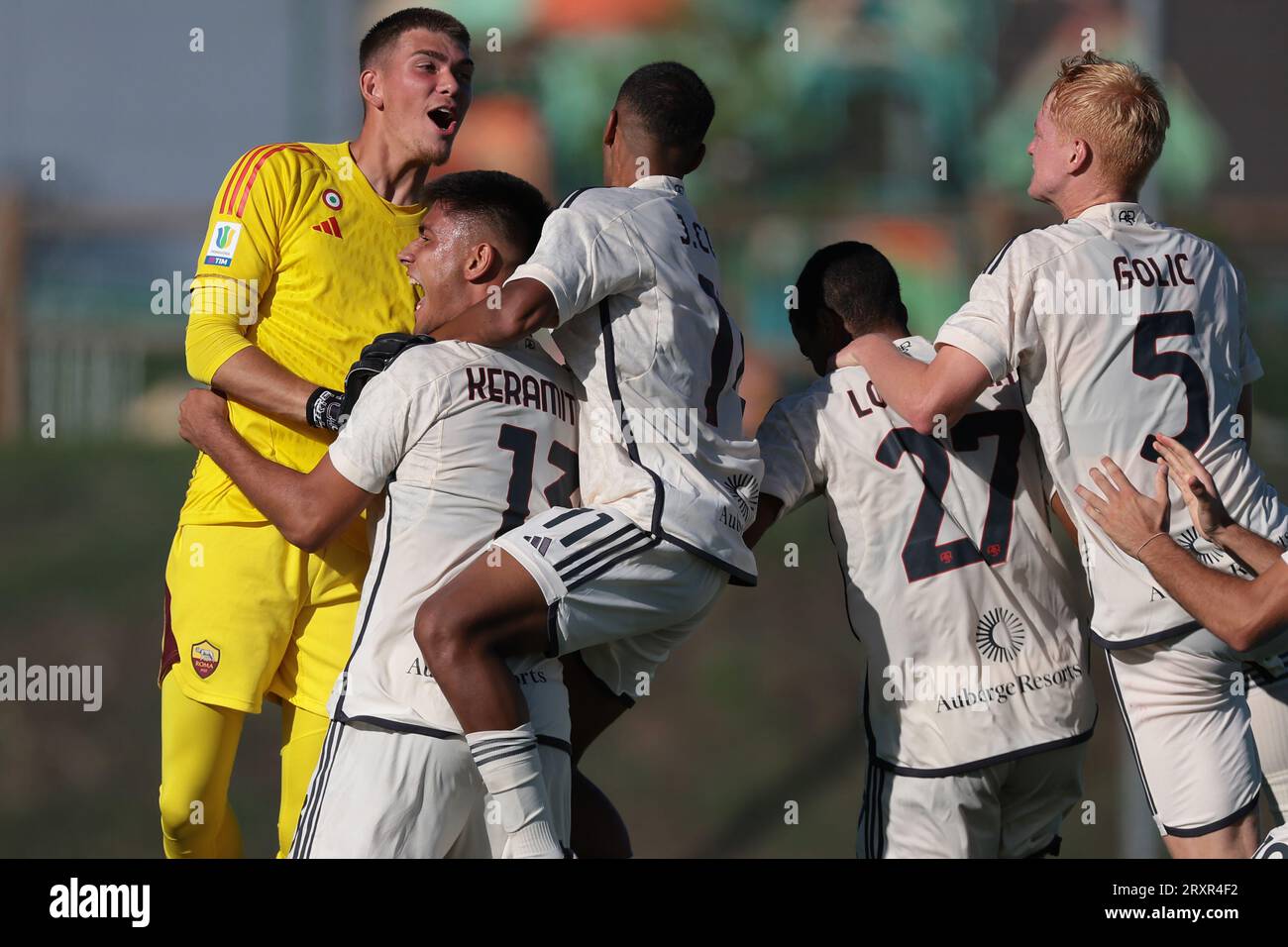 Turin, Italy. 24th Sep, 2023. Dimitrios Keramitsis of AS Roma celebrates with team mates Renato Marin, Joao Costa, Corentin Yanis Louakima, Francesco D'Alessio and Lovro Golic after scoring to level the game at 1-1 during the Primavera 1 match at Stadio Valentino Mazzola, Turin. Picture credit should read: Jonathan Moscrop/Sportimage Credit: Sportimage Ltd/Alamy Live News Stock Photo