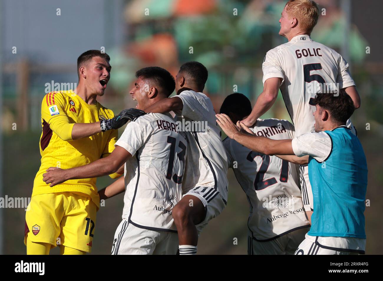 Turin, Italy. 24th Sep, 2023. Dimitrios Keramitsis of AS Roma celebrates with team mates Renato Marin, Joao Costa, Corentin Yanis Louakima, Francesco D'Alessio and Lovro Golic after scoring to level the game at 1-1 during the Primavera 1 match at Stadio Valentino Mazzola, Turin. Picture credit should read: Jonathan Moscrop/Sportimage Credit: Sportimage Ltd/Alamy Live News Stock Photo